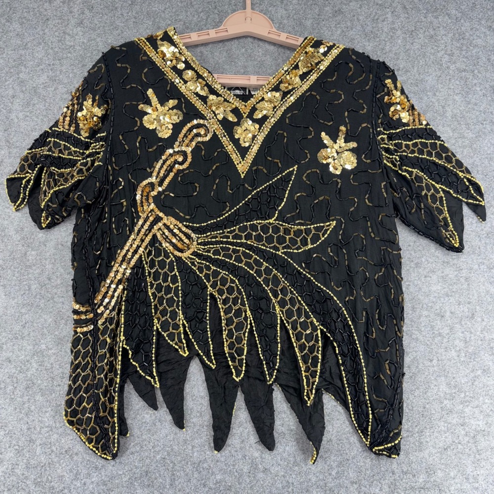 Cotton Castle Vintage Silk Beaded Sequin Top Black Gold Handkerchief Hem Medium